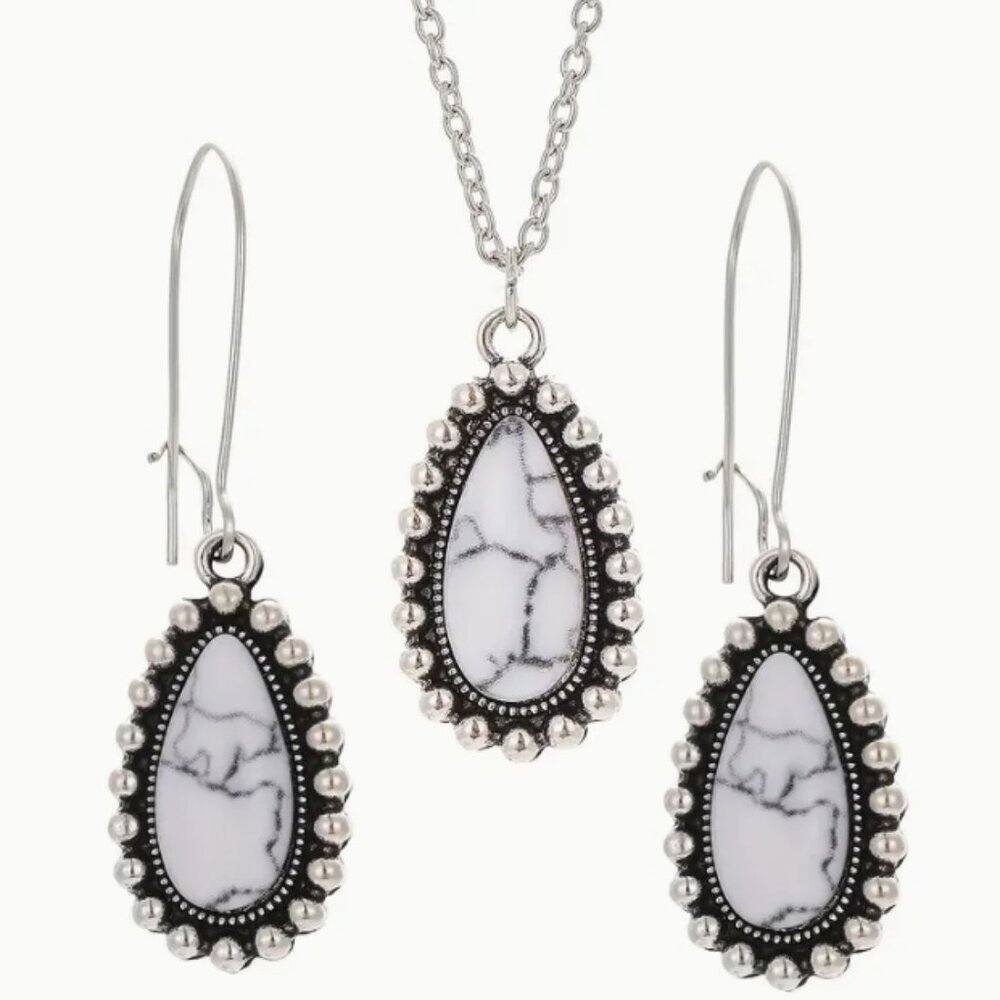 Boho Style Synthetic White Turquoise Water Drop Pendant Necklace & Earrings Set